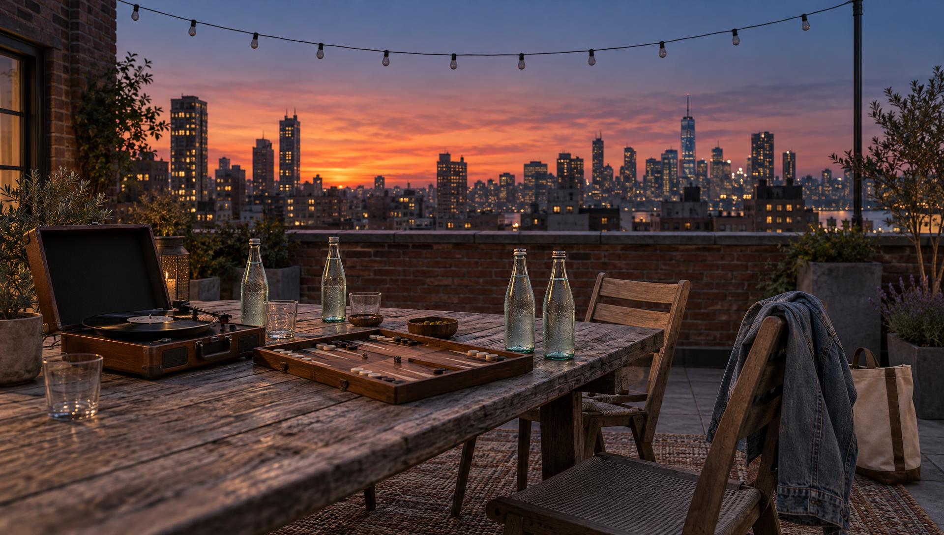 Rooftop table with record player at dusk