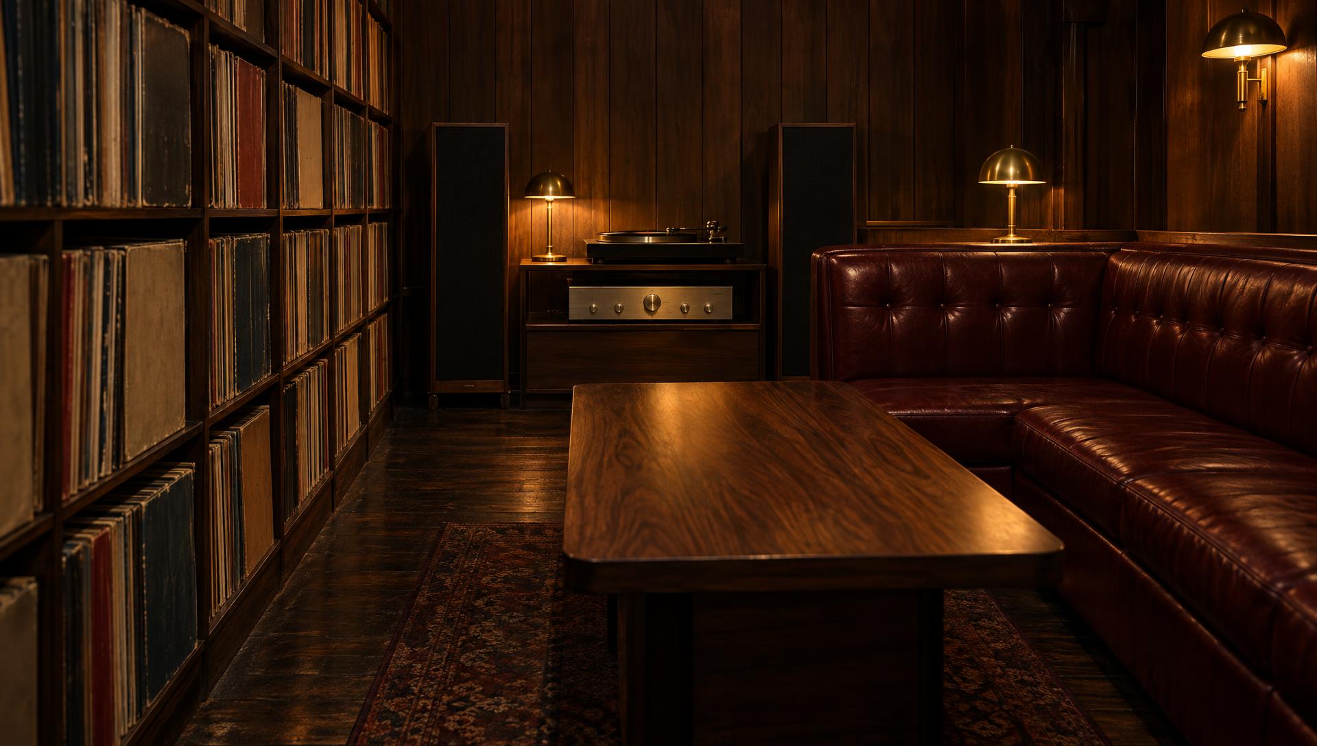 A hi-fi listening bar with oxblood booth and record wall