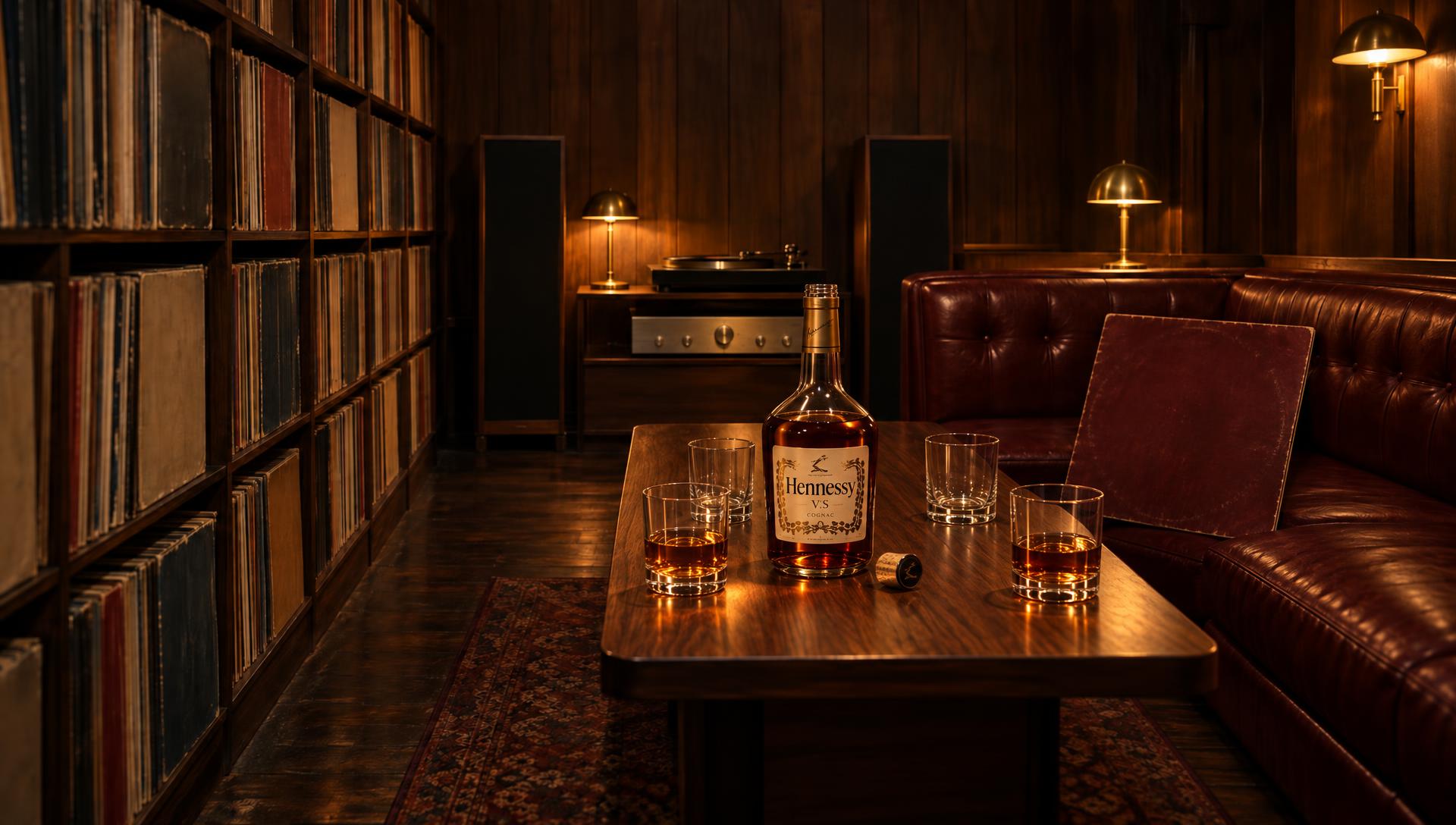 Hennessy bottle open among tumblers on a walnut table